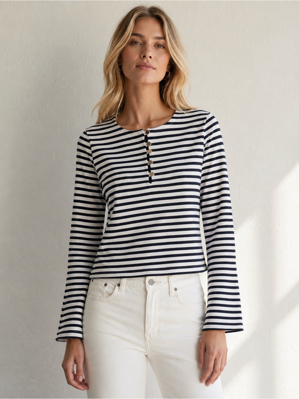 NATION LTD Silvia Long Sleeve Top Navy Breton Stripe NWT
